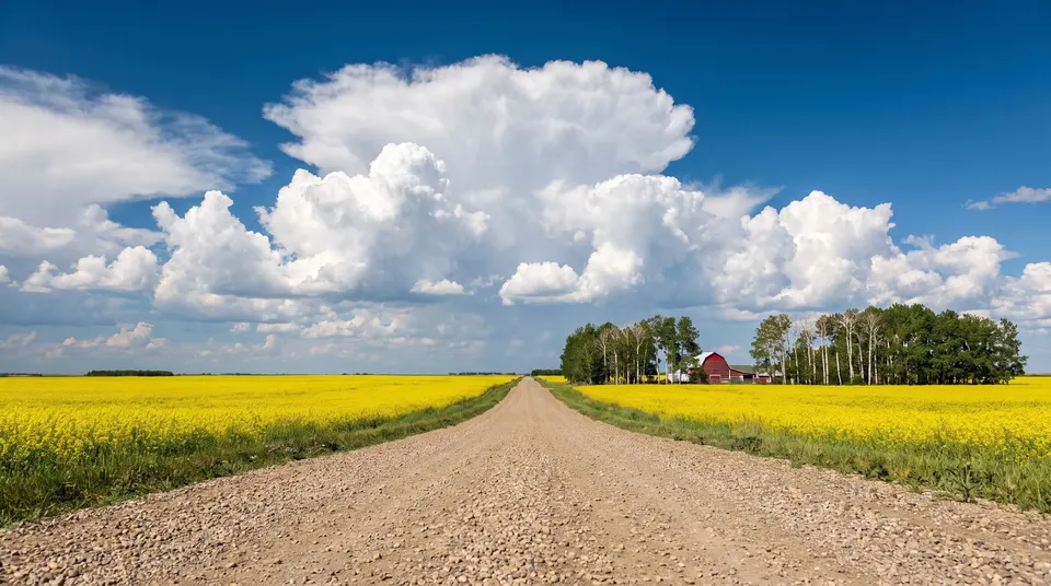 A straight gravel range road runs through a field of yellow canola toward a red barn and a line of aspens under tall summer clouds.