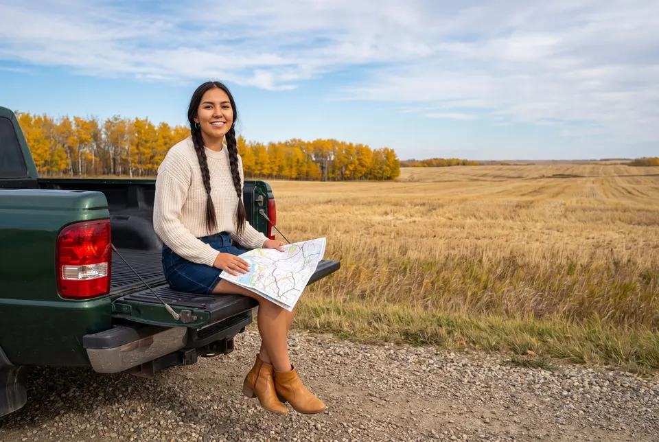 The same young woman sits on the lowered tailgate of a green pickup at the edge of a harvested field, a paper road map open on her knees.