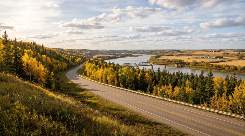 A two-lane highway curves down into a wide river valley lined with golden aspen and dark spruce, a long truss bridge crossing the river below.